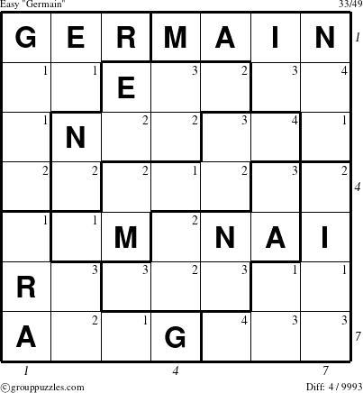 The grouppuzzles.com Easy Germain puzzle for  with all 4 steps marked