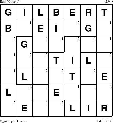 The grouppuzzles.com Easy Gilbert puzzle for  with the first 3 steps marked