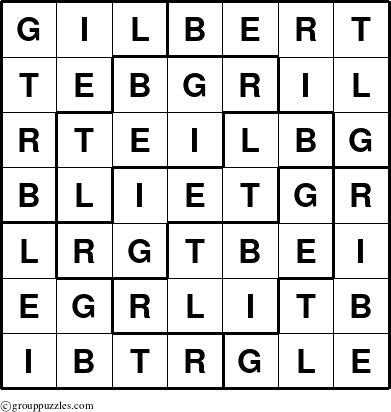 The grouppuzzles.com Answer grid for the Gilbert puzzle for 