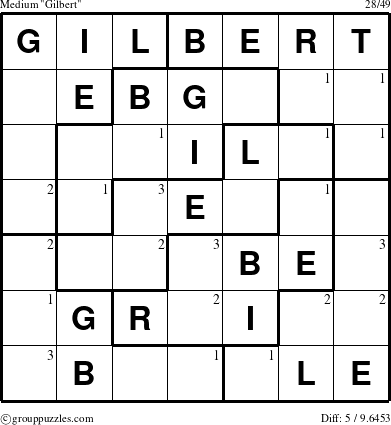 The grouppuzzles.com Medium Gilbert puzzle for  with the first 3 steps marked