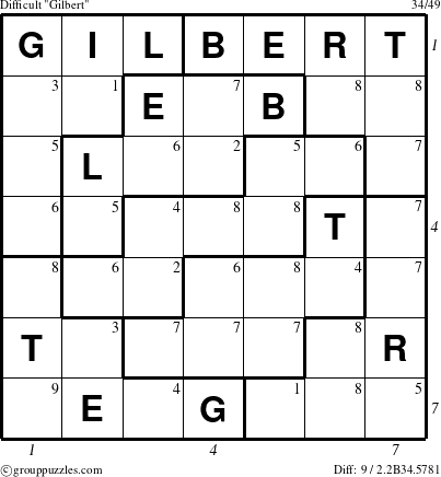 The grouppuzzles.com Difficult Gilbert puzzle for , suitable for printing, with all 9 steps marked