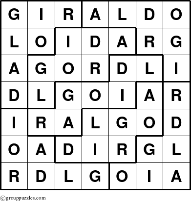 The grouppuzzles.com Answer grid for the Giraldo puzzle for 