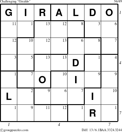 The grouppuzzles.com Challenging Giraldo puzzle for , suitable for printing, with all 13 steps marked