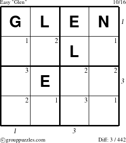 The grouppuzzles.com Easy Glen puzzle for , suitable for printing, with all 3 steps marked