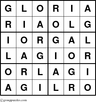 The grouppuzzles.com Answer grid for the Gloria puzzle for 