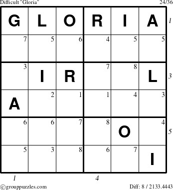 The grouppuzzles.com Difficult Gloria puzzle for , suitable for printing, with all 8 steps marked