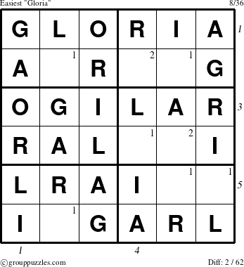 The grouppuzzles.com Easiest Gloria puzzle for , suitable for printing, with all 2 steps marked