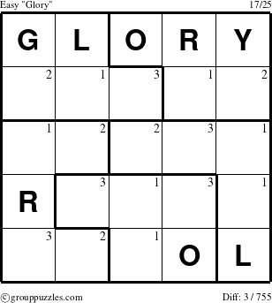 The grouppuzzles.com Easy Glory puzzle for  with the first 3 steps marked