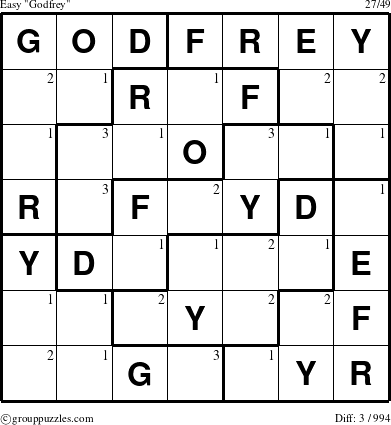 The grouppuzzles.com Easy Godfrey puzzle for  with the first 3 steps marked