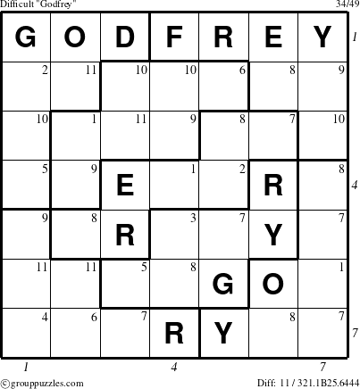 The grouppuzzles.com Difficult Godfrey puzzle for  with all 11 steps marked