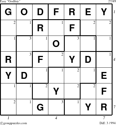 The grouppuzzles.com Easy Godfrey puzzle for  with all 3 steps marked