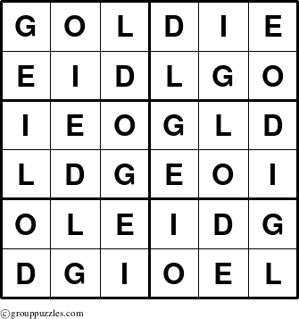 The grouppuzzles.com Answer grid for the Goldie puzzle for 