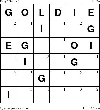 The grouppuzzles.com Easy Goldie puzzle for  with the first 3 steps marked