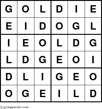 The grouppuzzles.com Answer grid for the Goldie puzzle for 