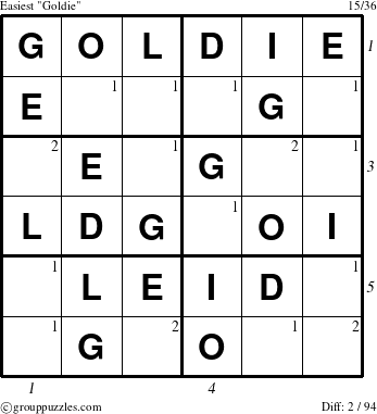 The grouppuzzles.com Easiest Goldie puzzle for , suitable for printing, with all 2 steps marked