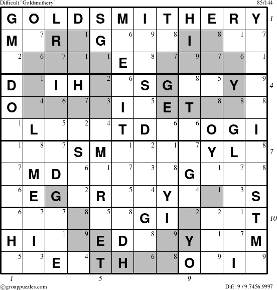 The grouppuzzles.com Difficult Goldsmithery puzzle for , suitable for printing, with all 9 steps marked