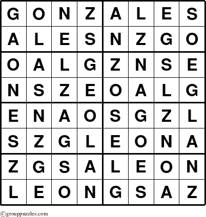 The grouppuzzles.com Answer grid for the Gonzales puzzle for 