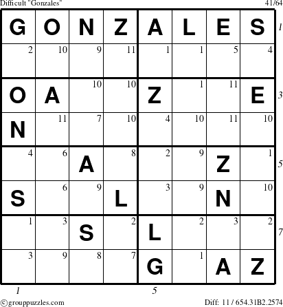 The grouppuzzles.com Difficult Gonzales puzzle for , suitable for printing, with all 11 steps marked