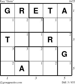 The grouppuzzles.com Easy Greta puzzle for  with all 3 steps marked