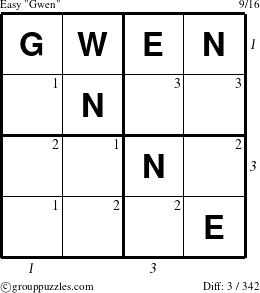 The grouppuzzles.com Easy Gwen puzzle for , suitable for printing, with all 3 steps marked