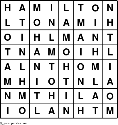 The grouppuzzles.com Answer grid for the Hamilton puzzle for 