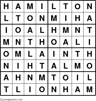 The grouppuzzles.com Answer grid for the Hamilton puzzle for 