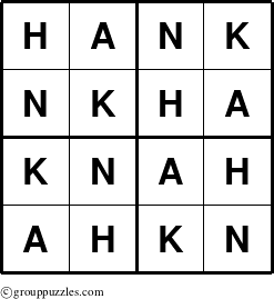 The grouppuzzles.com Answer grid for the Hank puzzle for 