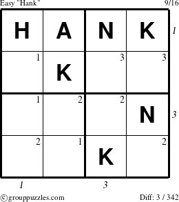 The grouppuzzles.com Easy Hank puzzle for , suitable for printing, with all 3 steps marked