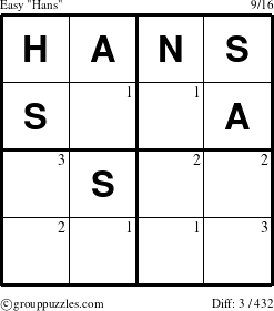 The grouppuzzles.com Easy Hans puzzle for  with the first 3 steps marked