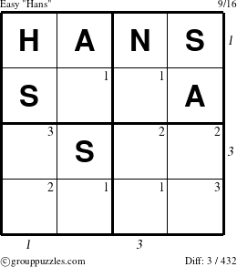 The grouppuzzles.com Easy Hans puzzle for  with all 3 steps marked