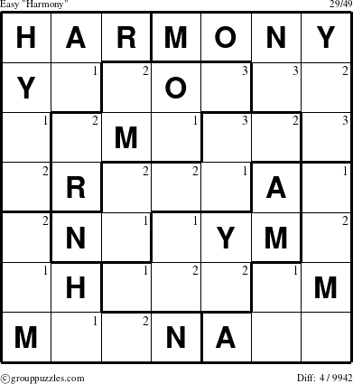 The grouppuzzles.com Easy Harmony puzzle for  with the first 3 steps marked