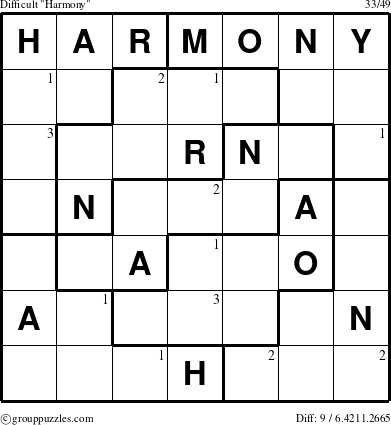 The grouppuzzles.com Difficult Harmony puzzle for  with the first 3 steps marked