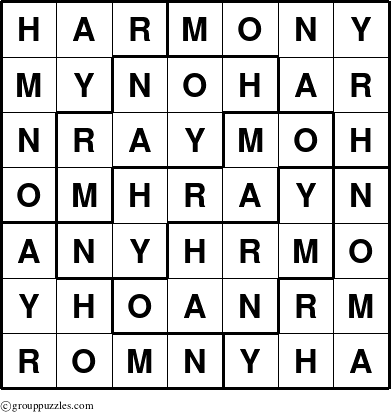 The grouppuzzles.com Answer grid for the Harmony puzzle for 