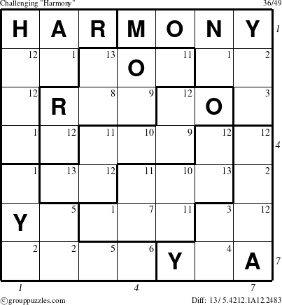 The grouppuzzles.com Challenging Harmony puzzle for  with all 13 steps marked