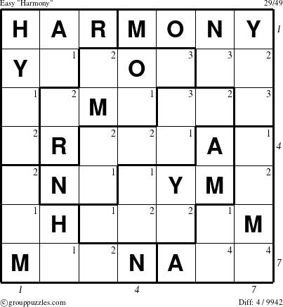 The grouppuzzles.com Easy Harmony puzzle for  with all 4 steps marked