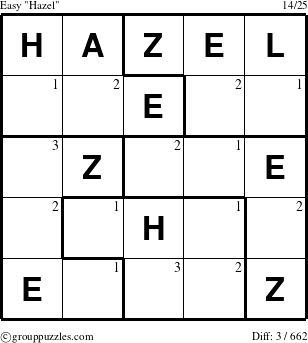 The grouppuzzles.com Easy Hazel puzzle for  with the first 3 steps marked