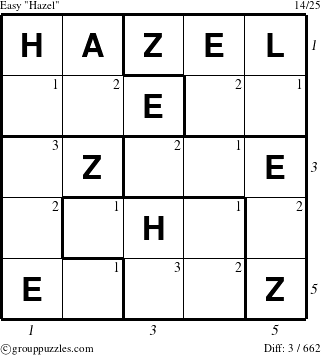 The grouppuzzles.com Easy Hazel puzzle for  with all 3 steps marked