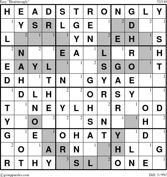 The grouppuzzles.com Easy Headstrongly puzzle for  with the first 3 steps marked