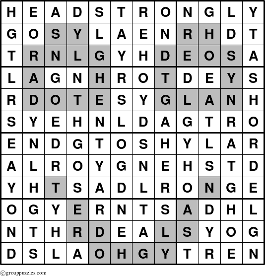 The grouppuzzles.com Answer grid for the Headstrongly puzzle for 