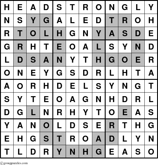 The grouppuzzles.com Answer grid for the Headstrongly puzzle for 