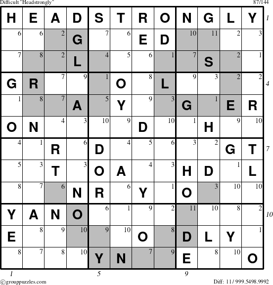 The grouppuzzles.com Difficult Headstrongly puzzle for  with all 11 steps marked