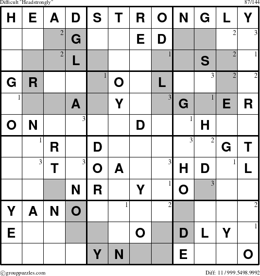 The grouppuzzles.com Difficult Headstrongly puzzle for  with the first 3 steps marked