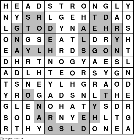 The grouppuzzles.com Answer grid for the Headstrongly puzzle for 