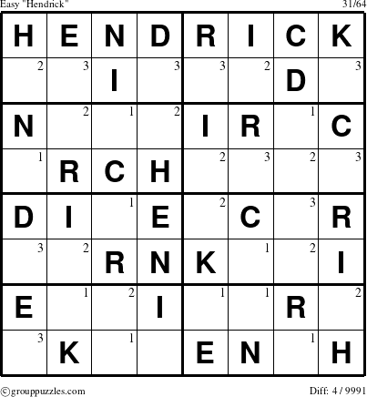 The grouppuzzles.com Easy Hendrick puzzle for  with the first 3 steps marked