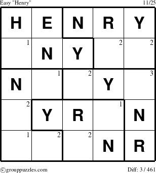 The grouppuzzles.com Easy Henry puzzle for  with the first 3 steps marked