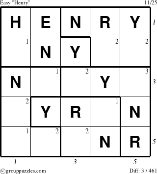 The grouppuzzles.com Easy Henry puzzle for , suitable for printing, with all 3 steps marked