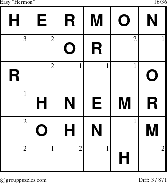 The grouppuzzles.com Easy Hermon puzzle for  with the first 3 steps marked