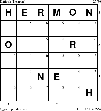 The grouppuzzles.com Difficult Hermon puzzle for , suitable for printing, with all 7 steps marked