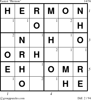 The grouppuzzles.com Easiest Hermon puzzle for , suitable for printing, with all 2 steps marked