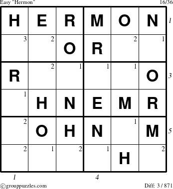 The grouppuzzles.com Easy Hermon puzzle for  with all 3 steps marked